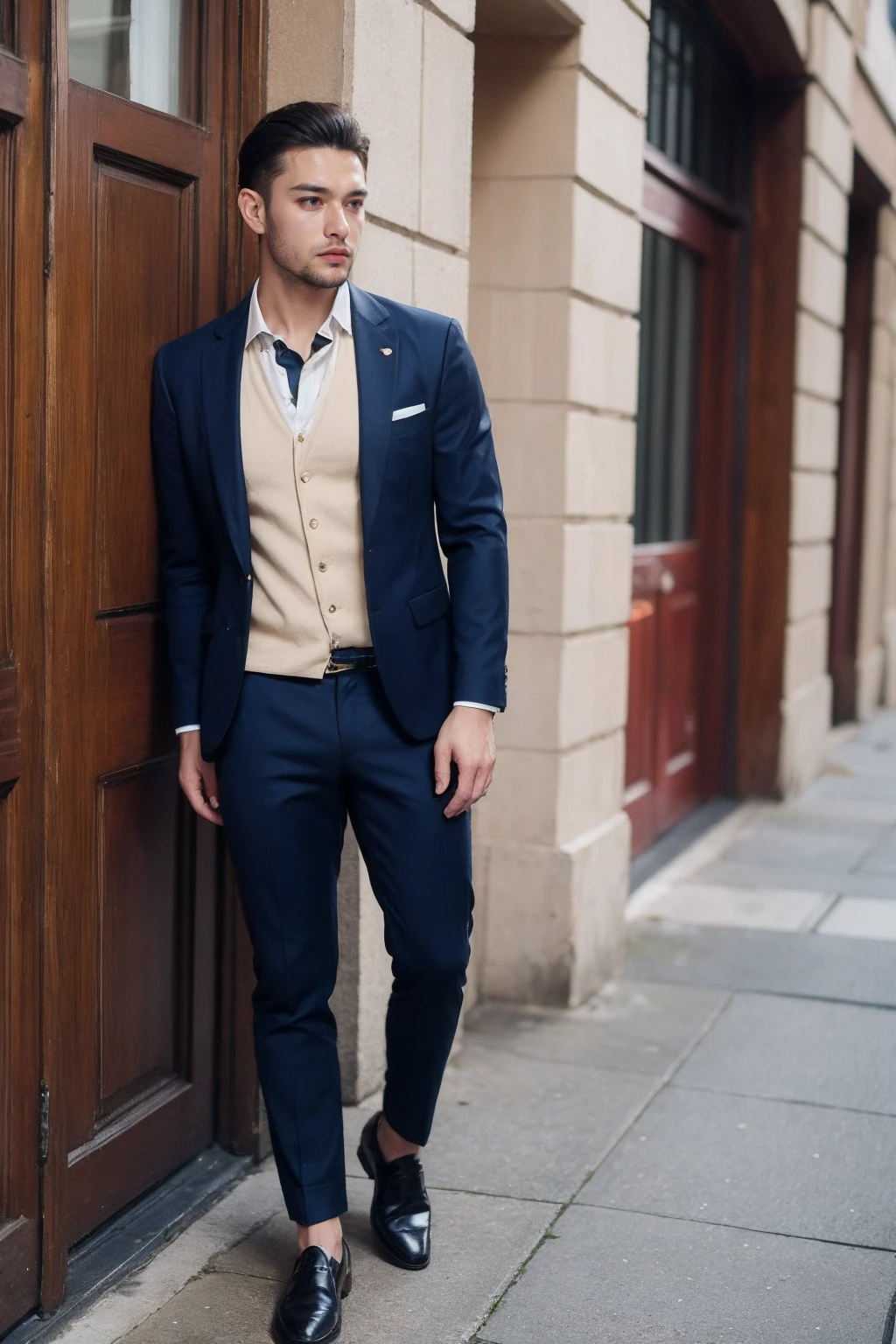 (1man:1.4),(male:1.2),(full body:1.2),(Collared shirt and blazer and suit trousers:1.4),<lora:Male_3:0.8>,