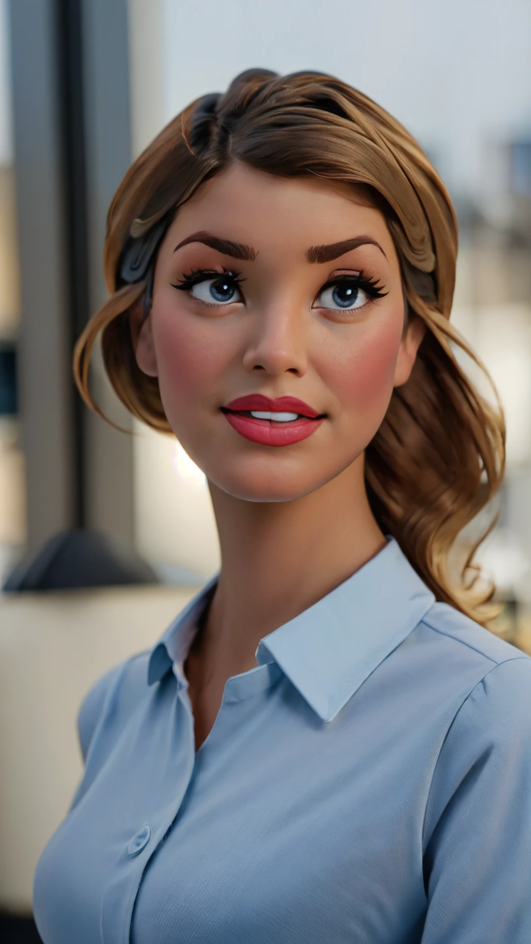 A professional profile photo for linkedin of <lora:Cindirella_character:1>, business clothing, looking at viewer, at office, bokeh background, deep of field, kkw-ph1 <lora:LKDN-Female:0.6>