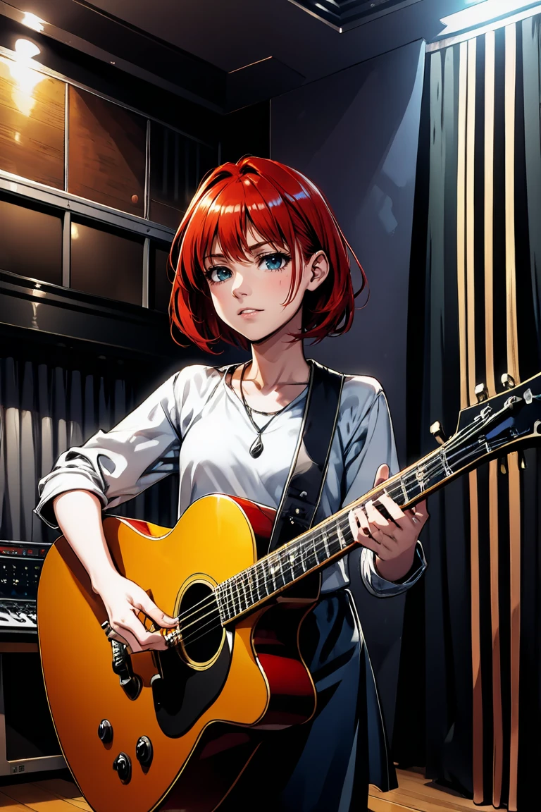 1girl, solo, redhead, Musician, Musical attire, Recording studio, Composing music, Performing live, guitar