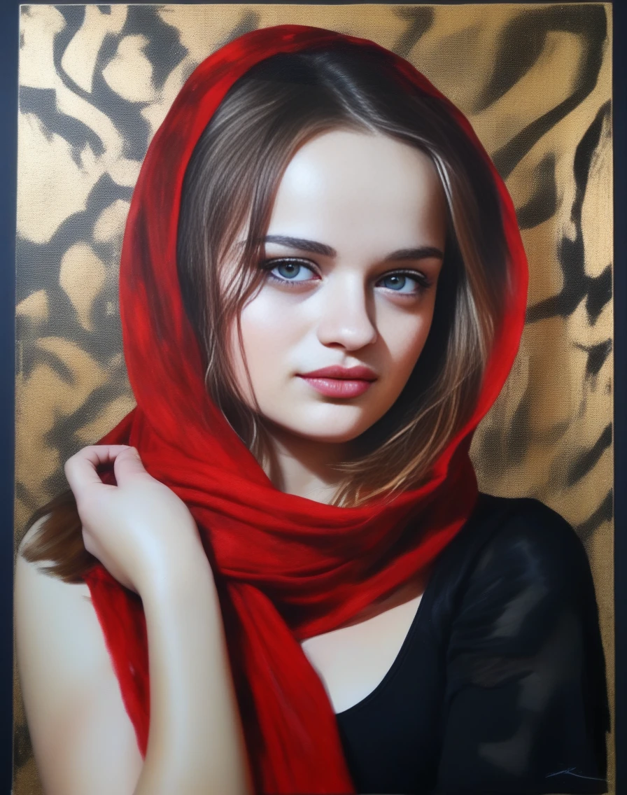 JoeyKing,<lora:JoeyKingSDXL:1>breathtaking portrait of a gorgeous girl, sultry, red scarf, dark gold and black, gossamer fabrics, jagged edges, eye-catching detail, insanely intricate, vibrant light and shadow , beauty, paintings on panel, textured background, captivating, stencil art, style of oil painting, modern ink, watercolor , brush strokes, negative white space