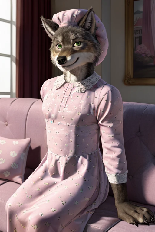 (best quality, high quality:1.6), male anthro wolf, green eyes, brown fur, countershading, Pink and white floral patterned headwear, Pink and white floral patterned clothing, nightgown, bonnet, detailed background, looking at viewer, pinup, pose, sitting on sofa
<lora:fluffyrock-quality-tags-v2.1.1-vpred:1>
<lora:Wolfie_V2 - FRLione27nO_-step00002400:0.8>