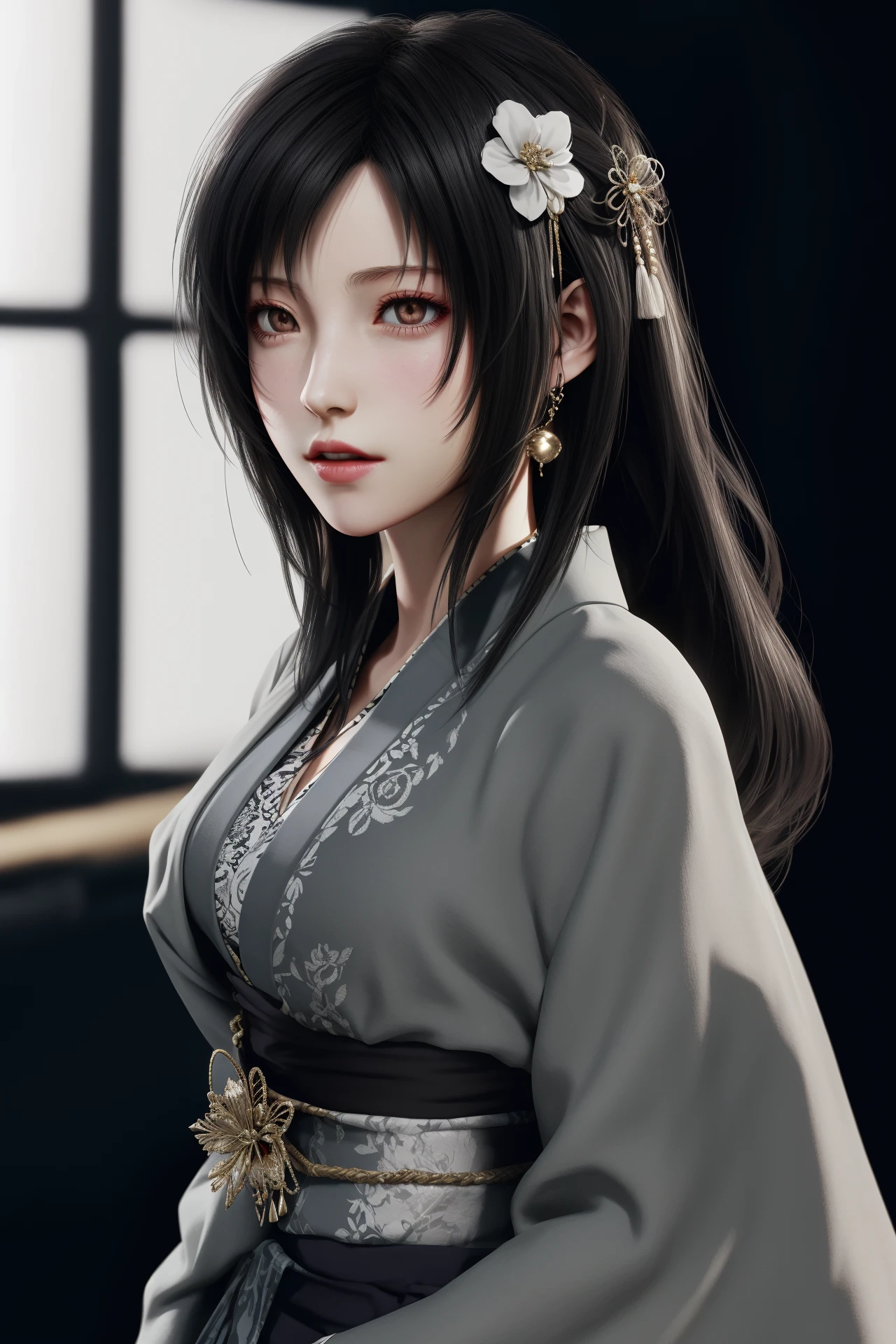1girl,hair ornament,grey_kimono,tifa lockhart,<lora:好åç±³-tifa-v3:0.6>,