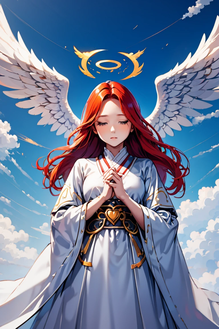 1lady, solo, Angelic messenger, Feathered wings, Celestial realm, Divine messages, Grace, Purity, Compassion, upper body, sky, cloud, hanbok, red hair, halo