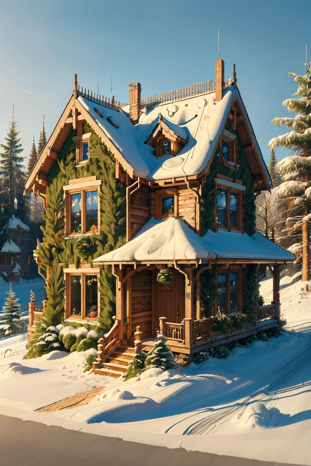 masterpiece, best quality, <lora:evergreen-nvwls-v1:1> evergreenstyle house, alpine forest, winter, tundra, mountains, wreath