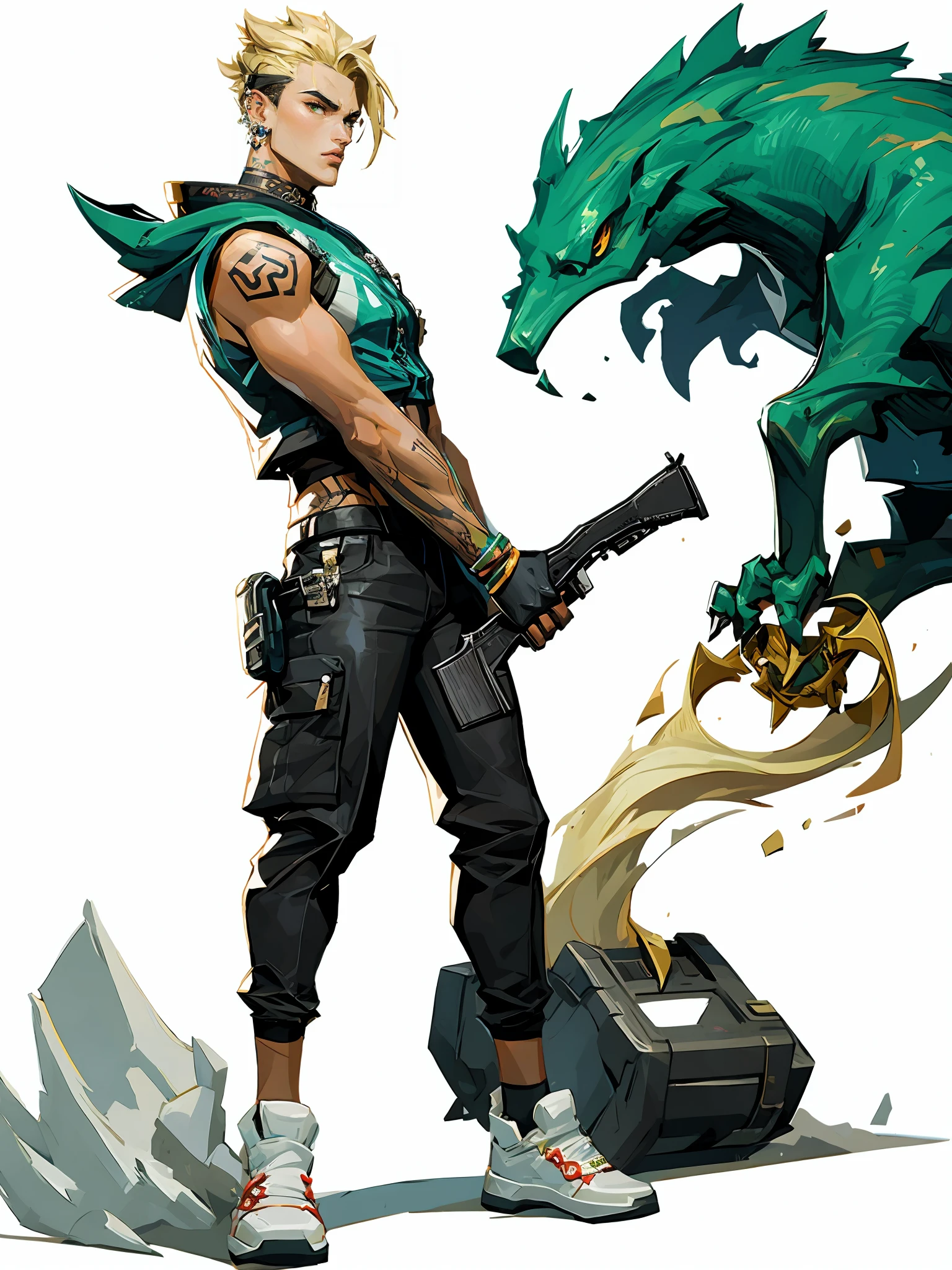 HEZI wa,weapon,holding gun,gun,holding weapon,holding,shoes,fingerless gloves,gloves,arm tattoo,tattoo,1boy,pants,white footwear,white background,from side,sneakers,male focus,bird,short hair,handgun,goggles,nose piercing,alternate costume,black gloves,dark skin,socks,solo,looking at viewer,blonde hair,piercing,earrings,brown pants,green eyes,jewelry,parted lips,animal on shoulder,simple background,dark-skinned male,official alternate costume,creature,sleeveless,1girl,animal,ear piercing,black pants,<lora:çå­ç³»åââæ¬§ç¾è§è²è®¾è®¡ç«ç»:0.85>,