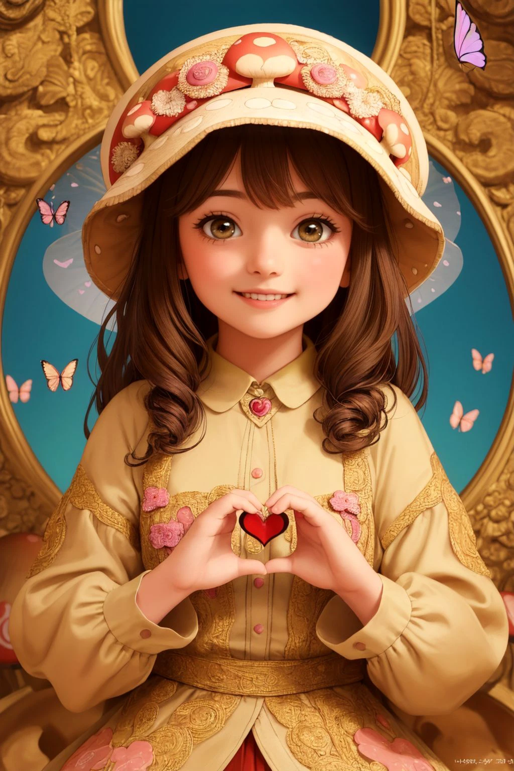 (best quality), (masterpiece), a little cute 10 yo girl, smiling face, mushroom like hat on head, highly detailed butterfly, looking at viewer, heart shaped hand, hearts floating around, OverallDetail