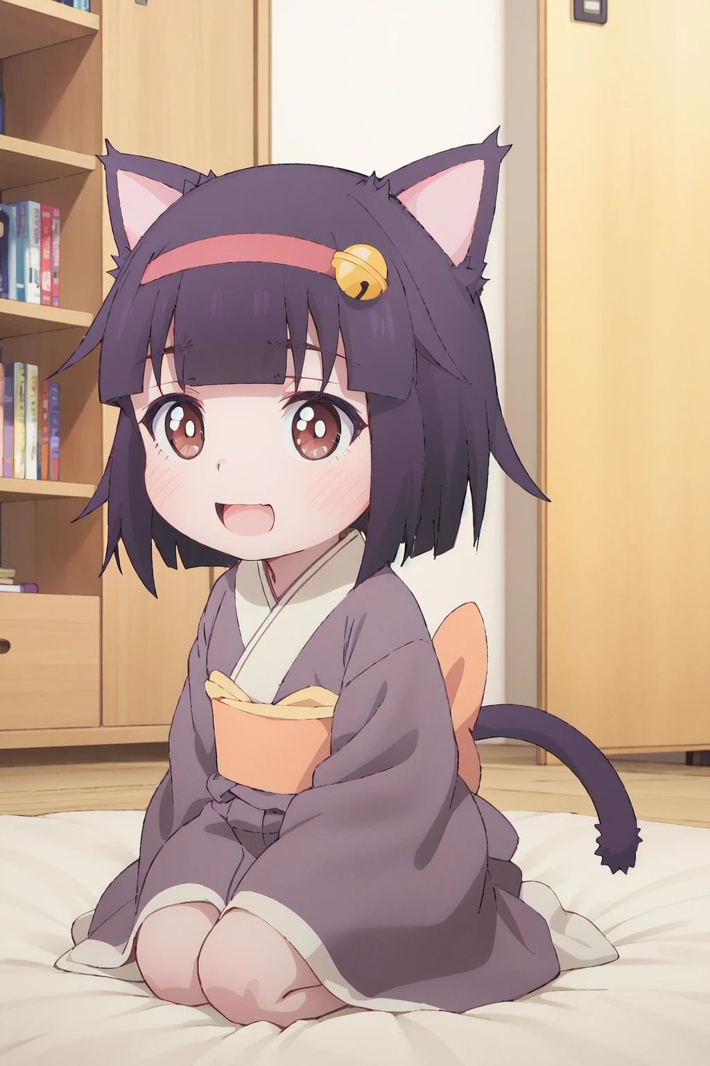 looking_at_viewer,1girl,solo,<lora:0 SYImyakochan:1>,myakochan,japanese kimono,a very young child,chibi,:d,sitting,seiza,