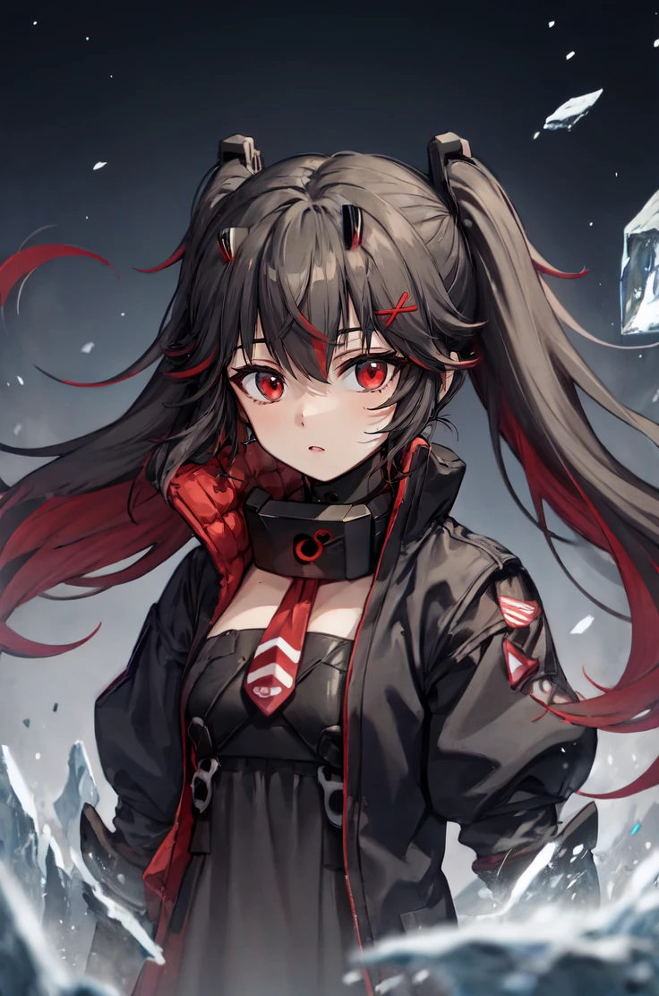 twintails, two-tone hair, black hair, red hair, red eyes, horns, very long hair, fluffy hair, disheveled hair, x hair ornament
BREAK black coat, open coat, black dress, red tie, collar,
BREAK (mechanical arms:1.2), mechanical legs, (shattered glass:1.3), glass fragments, looking at viewer, floating hair, short sleeves, digital landscape, giant cubes, white cubes, ice, ice effects, ice particles
BREAK (space:.8), (aircraft:1.2), focused expression
BREAK upper body
<lora:luciaplume:1>