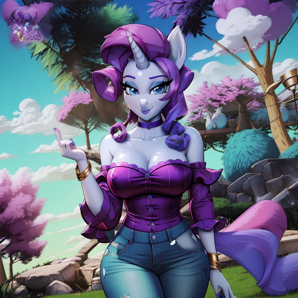 masterpiece, best quality, perfect anatomy,  <lora:Rarity :1>, anime style, detailed, outside, trees, clouds, grass,   1girl, solo, breasts, smile, open mouth, large breasts, s shirt, animal ears, bare shoulders, jewelry, tail, cowboy shot, horns, choker, pants, off shoulder, bracelet, blue shirt, furry, horse tail, personification, off-shoulder shirt, blue pants, furrification, rarity, my little pony, unicorn, single horn, blue eyes, long hair, purple hair,  horse ears, curly hair, lips, lipstick, perfect blue eyes, detailed face,