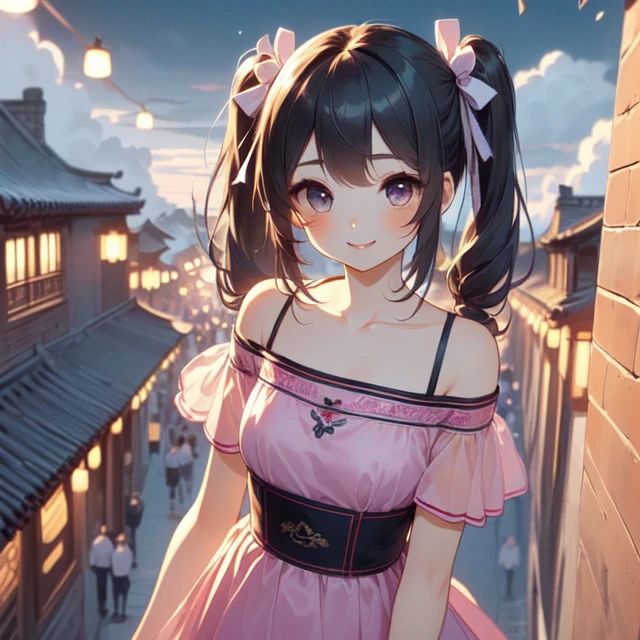 (((masterpiece))),  (((best quality))),  (((china style))),  (((crowd in busy old street))),  wind,  cloud sky,  night,  solo,  1girl,  smile,  rosy lips,  short sleeves,  off shoulders,  qipao hanfu mixed,  (((collarbone))),  ((girl stand on top floor)),  teenager,  ribbon bunhair twintails,  petite figure,<lora:EMS-221092-EMS:1.000000>