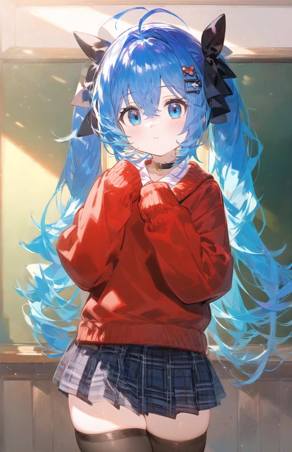 masterpiece, best quality,
1girl, solo, thighhighs, skirt, long hair, twintails, blue eyes, hair ornament, red sweater, black thighhighs, blue hair, sleeves past wrists, looking at viewer, indoors, long sleeves, school uniform, plaid, bow, zettai ryouiki, sailor collar, hairclip, plaid skirt, bangs, hair between eyes, pleated skirt, ribbon, cowboy shot, serafuku, black bow, very long hair, closed mouth, hair ribbon, sweater, red shirt, hatsune miku, antenna hair, black skirt, blush, black ribbon, hand up, standing, chalkboard, sleeves past fingers, hair bow, sunlight, bowtie, choker, classroom, miniskirt