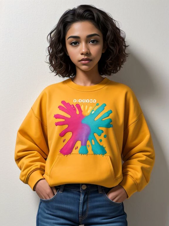 Artist, Maria_Valez, Sweatshirt, jeans, colorful paint splotches,