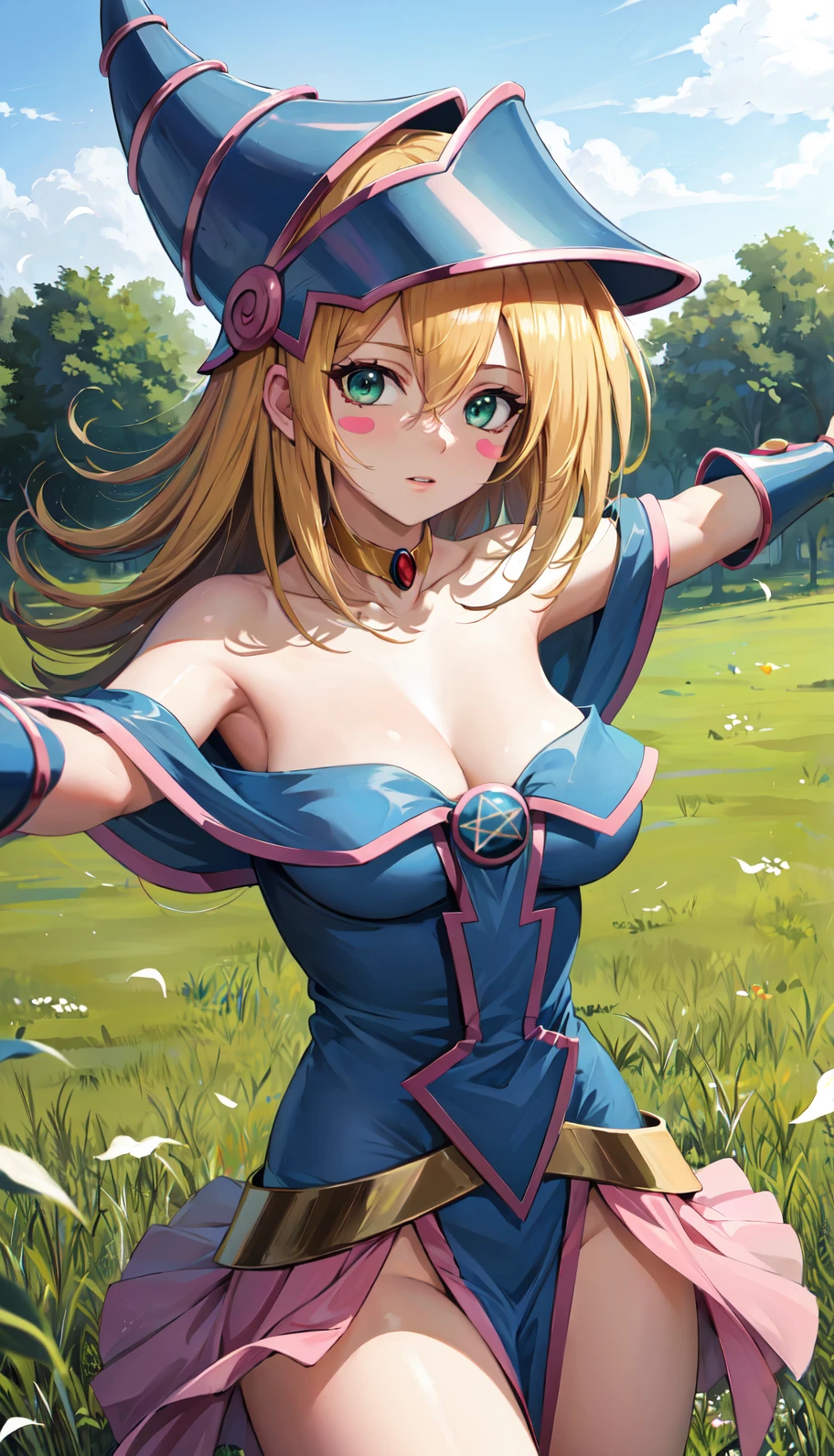masterpiece, best quality, outdoors, field, grass, forest,
dark magician girl, duel monster, 1girl, solo, looking at viewer, cowboy shot, blush stickers, blonde hair, green eyes, long hair, breasts, blush, bangs, large breasts, hair between eyes, pentacle, pentagram, hat, dress, cleavage, bare shoulders, collarbone, choker, blue headwear, wizard hat, bracer, detached sleeves, spread arms, outstretched arms,
<lora:LoRA_Magician2:1>
