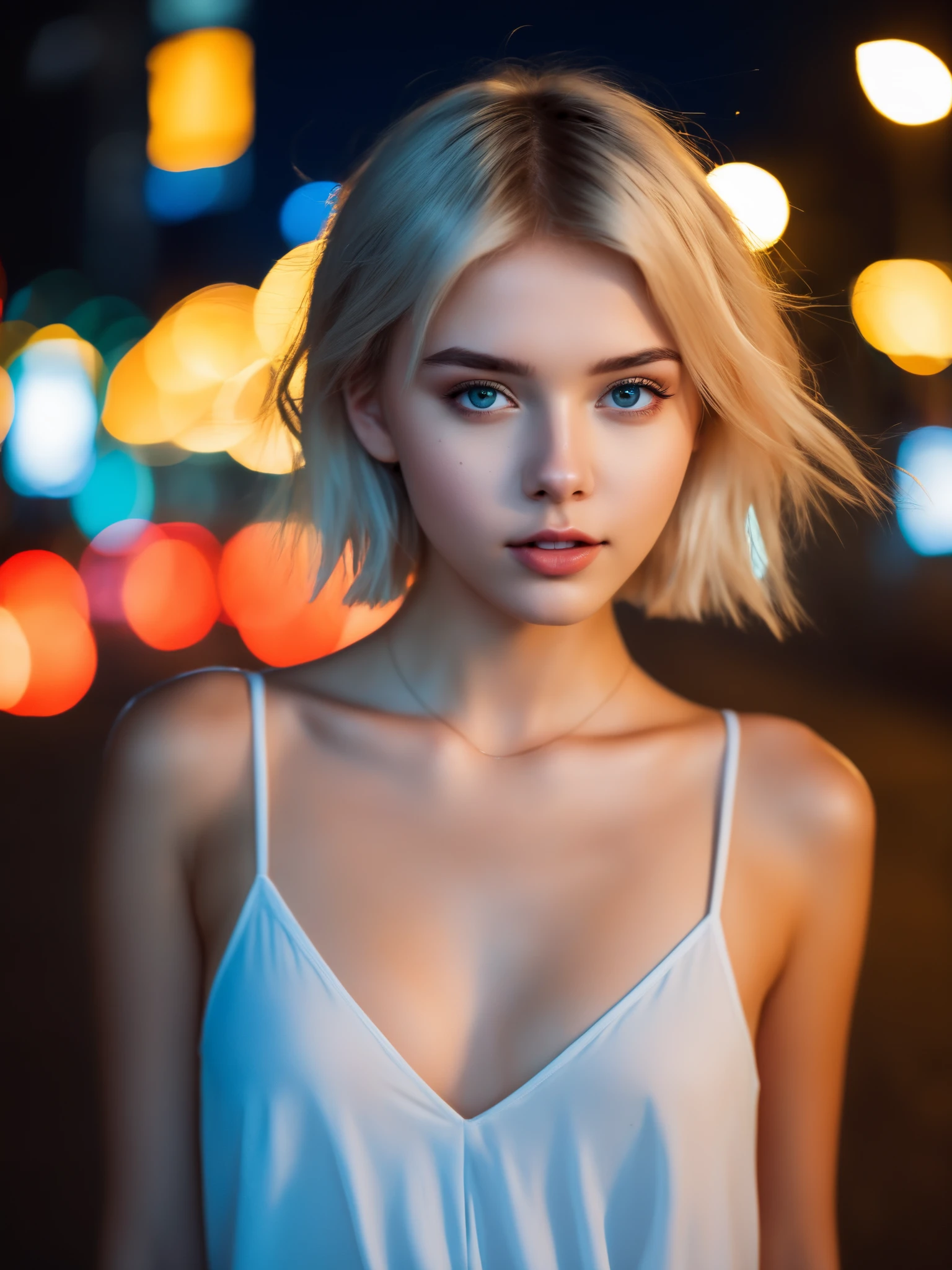 Extremely beautiful 18yo girl runing,(Extremely cure beauty:1.2),highly clear face,Night noise city road,very cute,phenomenal aesthetic,Amazing photos,Cinematic Lighting,Clear perfect eyes,light gold short hair,bokeh,Sexy self-confidence,proud and independent,NSFW,flowing light and colorful colors,