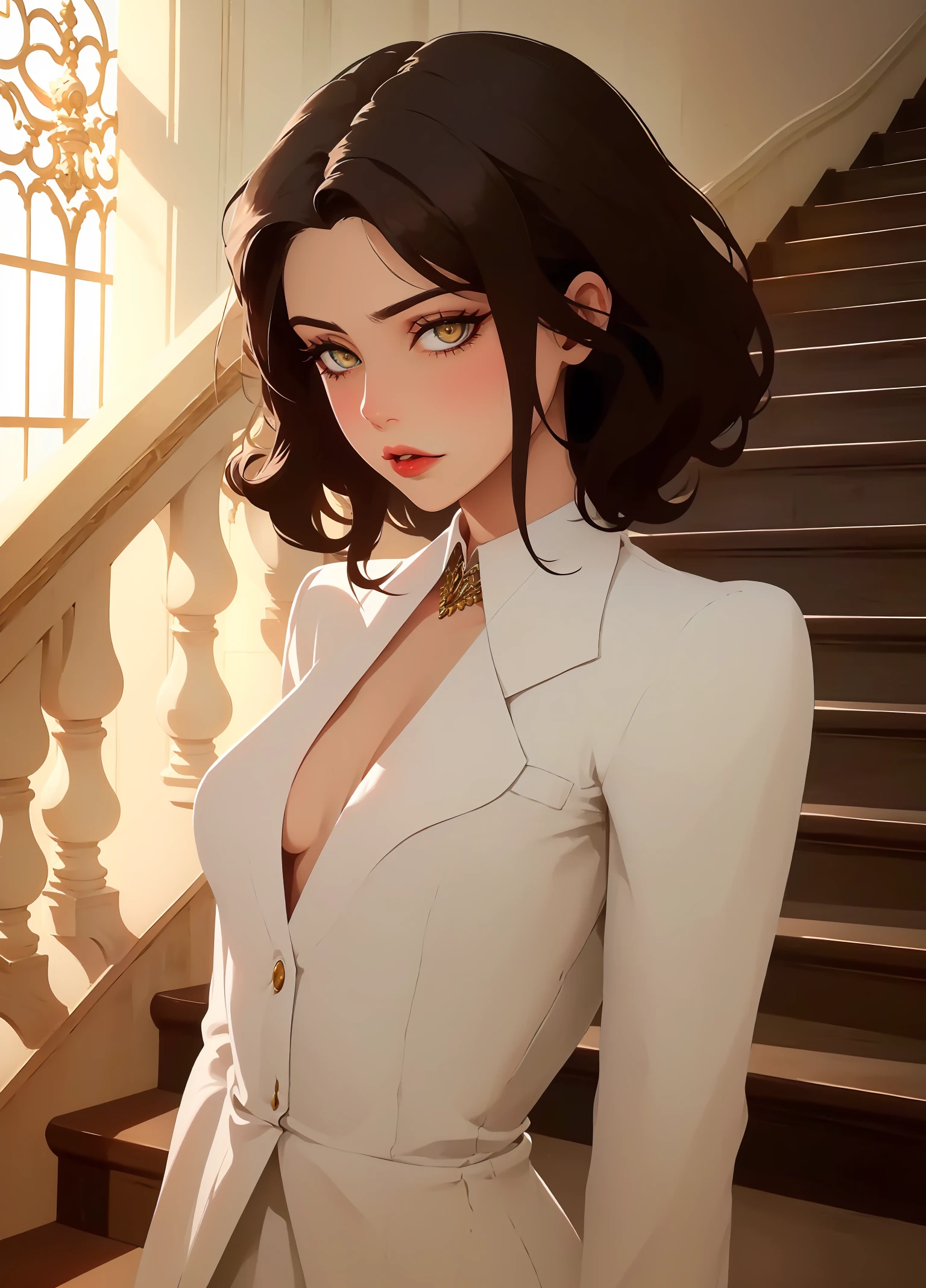 a woman, solo, upper body, (Random:1.3), quiff hair, medium brown hair, amber eyes, kissable lips, small breasts, formal outfit, elegant staircase in a historic mansion, (masterpiece, best quality, detailed:1.3), sexy