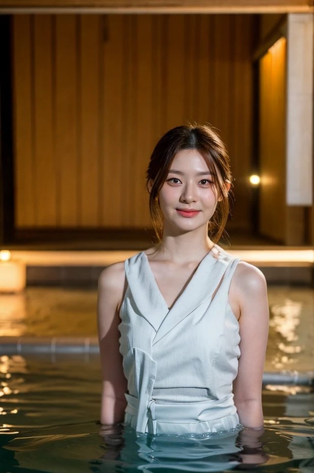 nikon RAW photo, 8k, Fujifilm XT3, blurry background, masterpiece, best quality, 1girl, solo, realistic, photorealistic, (extremely detailed face), looking at viewer, ultra-detailed eyes and pupils, ultra detailed, serious expression, standing against a onsen at night, smile, <lora:seeunlorashyv1_5:1>