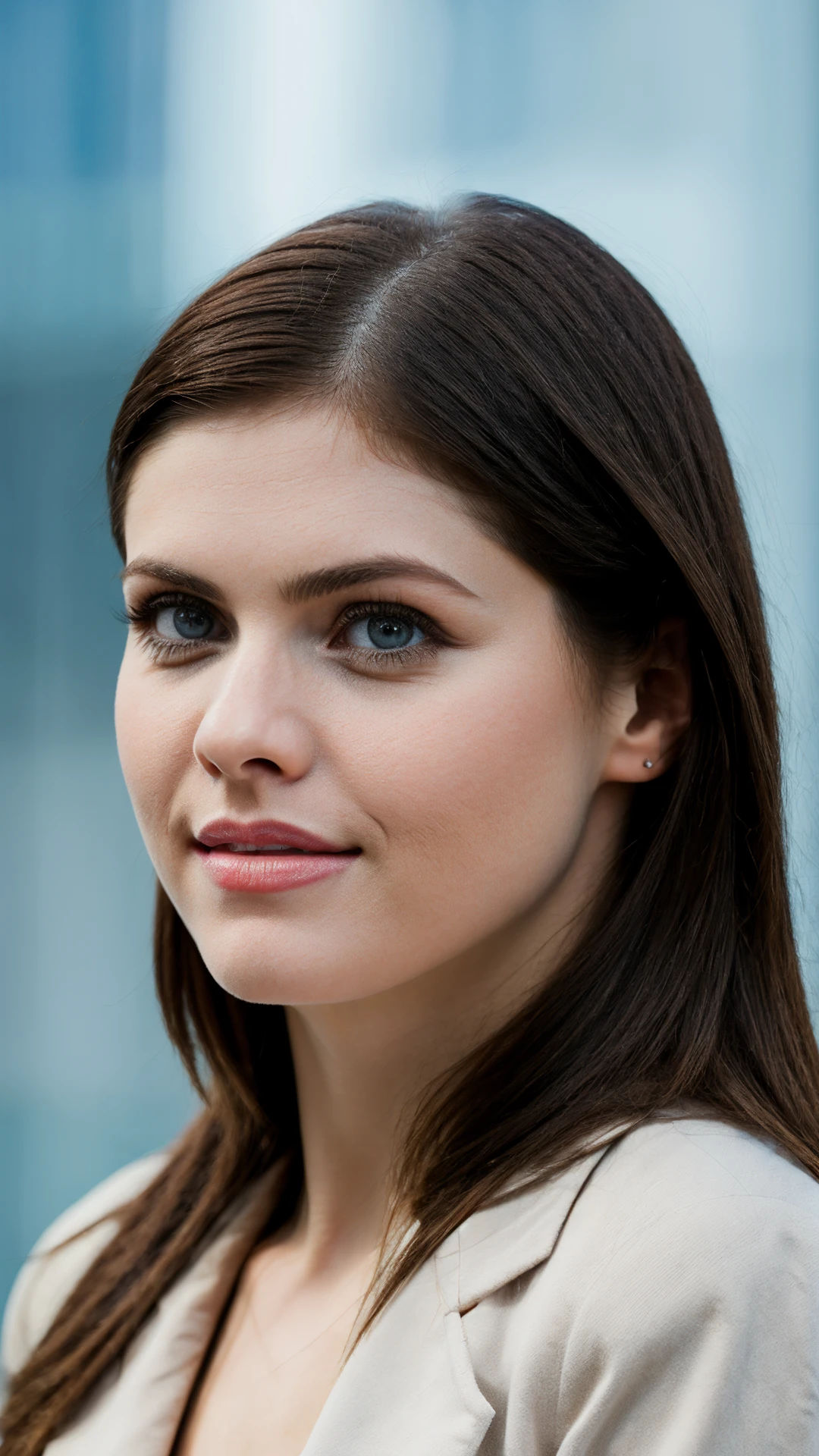 A professional profile photo for linkedin of alexandradaddario, business clothing, looking at viewer, at office, bokeh background, deep of field, kkw-ph1 <lora:LKDN-Female:0.8>