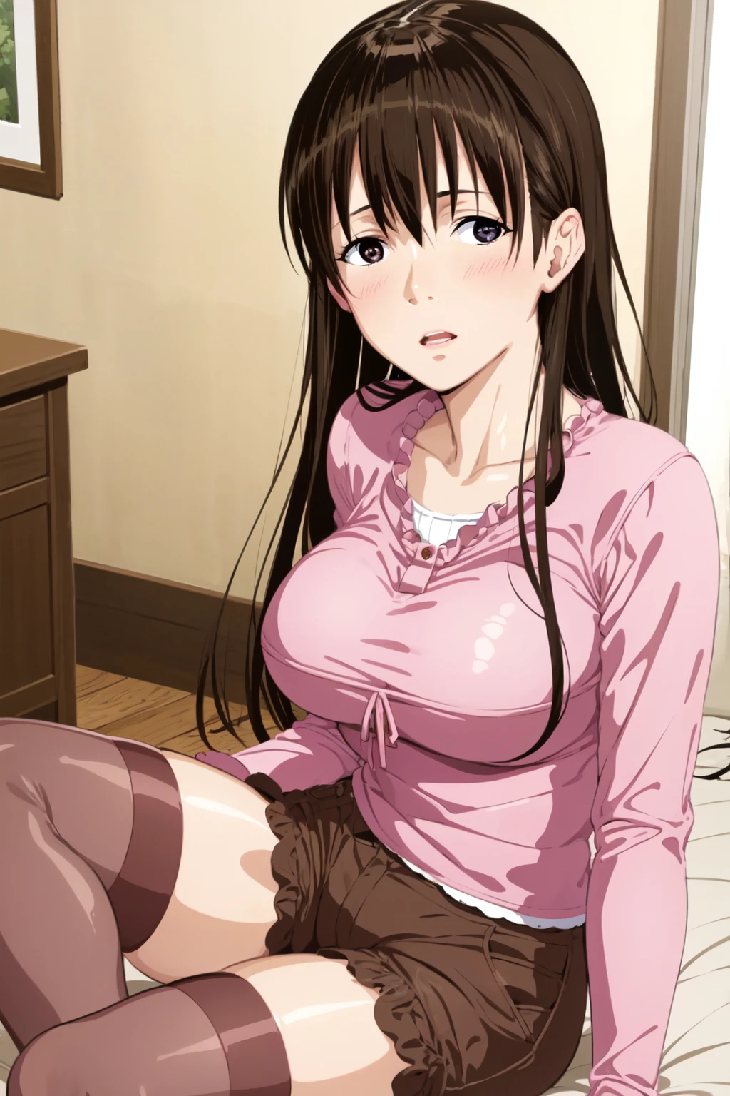 karense, 1girl, solo, pink shirt, long sleeves, brown shorts, pink thighhighs, sitting, bed, parted lips, looking at viewer <lora:karense-09:0.8>