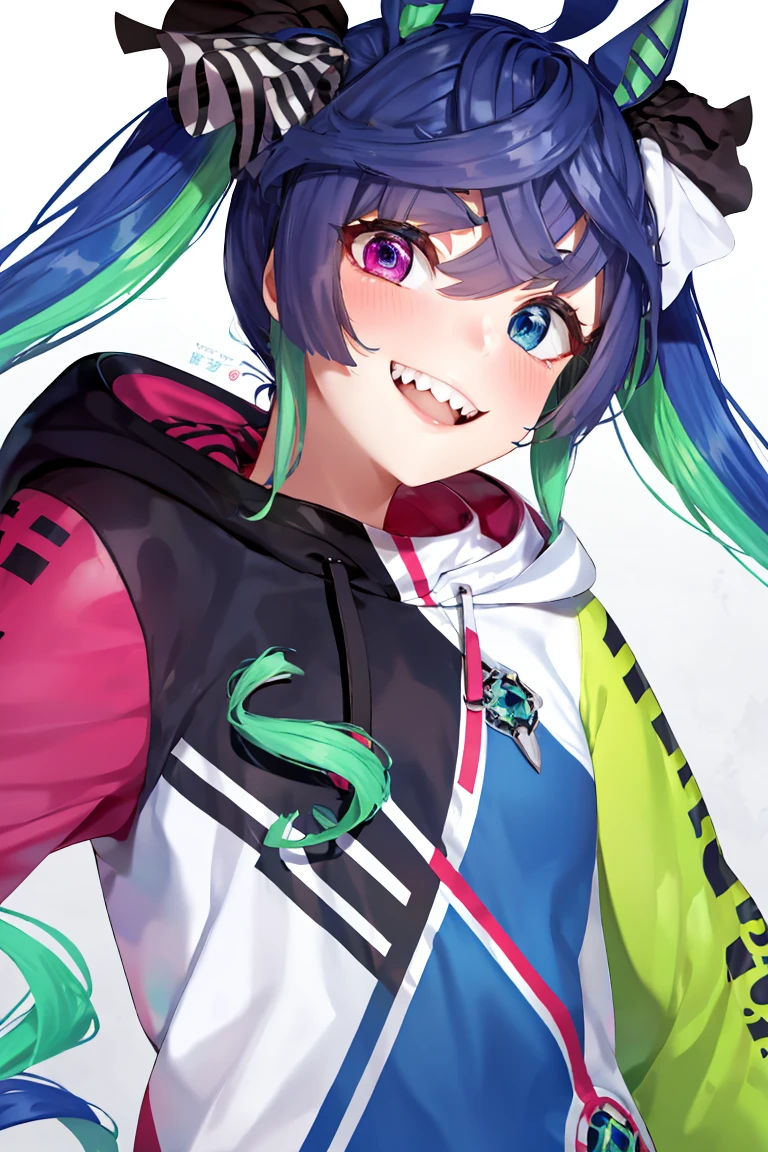 <lora:Puppypaww_Style:0.8>,((masterpiece,best quality)), absurdres, upper body portrait, <lora:Twin_Turbo_Umamusume:0.8>, Twin_Turbo_Umamusume, aqua hair, twintails, heterochromia, purple eyes, blue eyes, sharp teeth, multicolored hoodie, solo, smiling, looking at viewer,