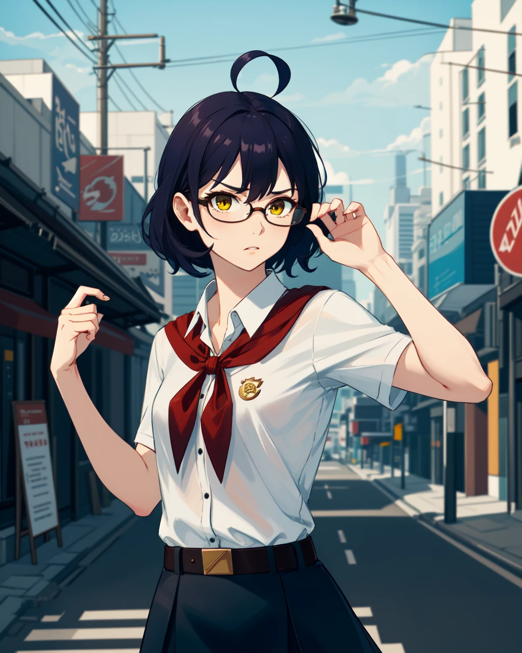masterpiece, high quality, bljenya, 1girl, detailed, intricated, medium shot, upper body, (dynamic pose:0.9), detailed eyes, detailed hands, (angry:0.8), bored, yellow eyes, blue hair, ahoge, glasses, white shirt, small breasts, red badge on shirt, red bow-tied neckerchief, leather belt, blue skirt, outdoors, city, street, <lora:bljenya-000008:0.6>