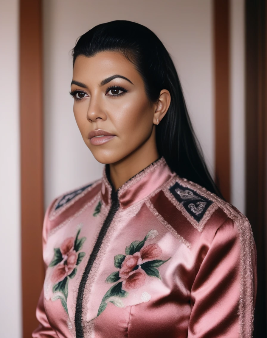 KourtneyKardashian, photograph, Secret Burundian Female, wearing Albanian Mexican charro suit, inside a Satin Portal, deep focus, natural lighting, film grain, Sony A9 II, Depth of field 270mm, <lora:KourtneyKardashianSDXL:.7>