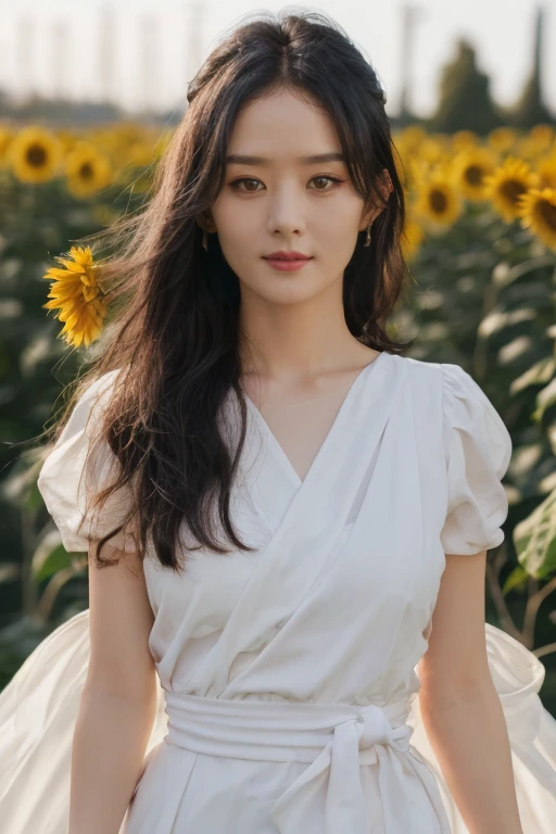 (mature body), (upper body:1.5), nikon RAW photo,8 k, Fujifilm XT3,masterpiece, best quality, realistic, photorealistic, ultra detailed, extremely detailed face, solo,1girl, standing, fashionable and trendy atmosphere, and a stylish expression on her face, close up, (narrow waist), white dress on field of sun flowers, <lbm=FACES>