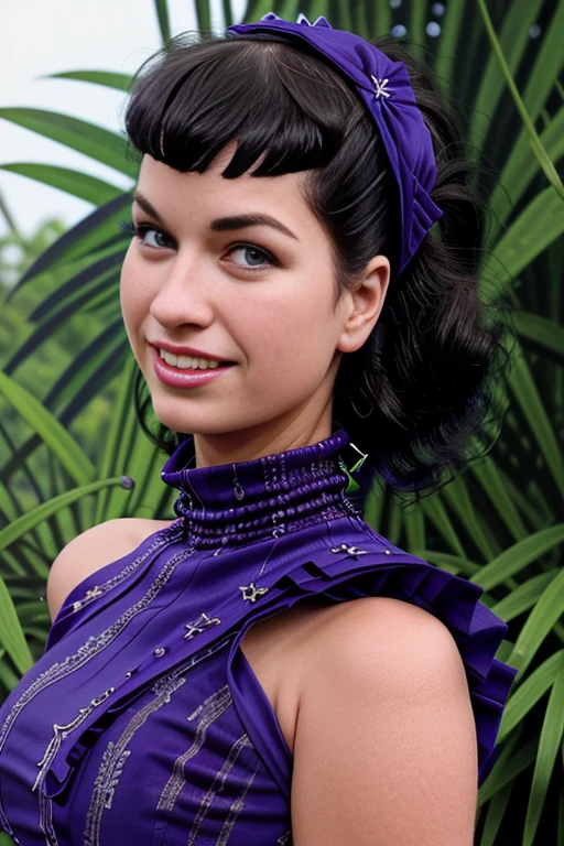 b3tti3pa6e, black hair, shimmering blue eyes, smile, (High neck royal purple fitted dress:1.5), outdoors, ((zoo)), ((feedig animals)), <lora:Bettie_Page_PMv1_Lora:1.3>,, digital painting portrait, natural lighting, in the style of pixar, trending on artstation, sharp, focus art by Arthur Streeton and BoÅ¾idar Jakac, ((Cinematic Still-Shot))