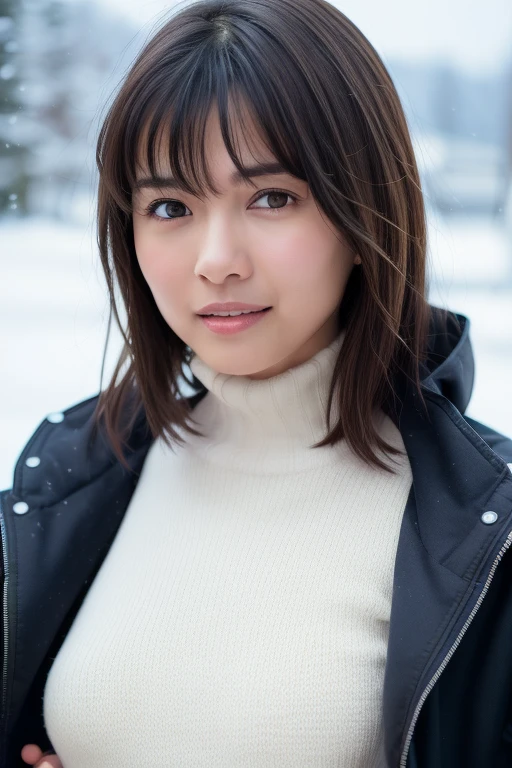1girl,(wearing a turtleneck sweater),(winter jacket),(RAW photo, best quality), (realistic, photo-realistic:1.4), masterpiece, an extremely delicate and beautiful, extremely detailed, 2k wallpaper, Amazing, finely detail, extremely detailed CG unity 8k wallpaper, ultra-detailed, highres, soft light, beautiful detailed girl, extremely detailed eyes and face, beautiful detailed nose, beautiful detailed eyes,cinematic lighting,at a ski resort,snow field,snow scenery,perfect anatomy,slender body,smiling <lora:shinjoyume_lora:0.8>