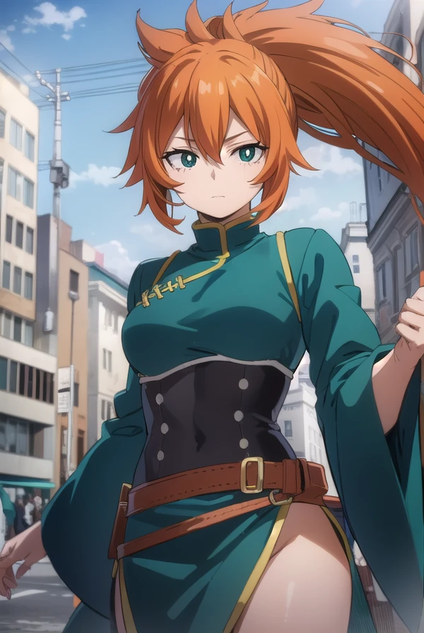 itsukakendo, <lora:itsuka kendo s5-lora-nochekaiser:1>,
itsuka kendo, long hair, (green eyes:1.3), ponytail, orange hair,
BREAK chinese clothes, long sleeves, wide sleeves,
BREAK outdoors,
BREAK looking at viewer, (cowboy shot:1.5),
BREAK <lyco:GoodHands-beta2:1>, (masterpiece:1.2), best quality, high resolution, unity 8k wallpaper, (illustration:0.8), (beautiful detailed eyes:1.6), extremely detailed face, perfect lighting, extremely detailed CG, (perfect hands, perfect anatomy),
