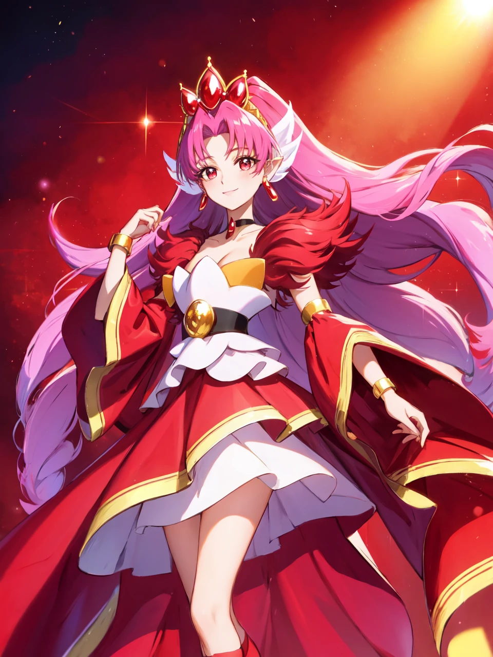 masterpiece, best quality, looking at viewer, depth of field, standing, full body,
1girl, <lora:locon_cure_scarlet_01:0.9>, cure scarlet, tiara, wide sleeves, black choker, earrings, bracelet, gem, red legwear,
smile, ((gradient background)), lens flare,