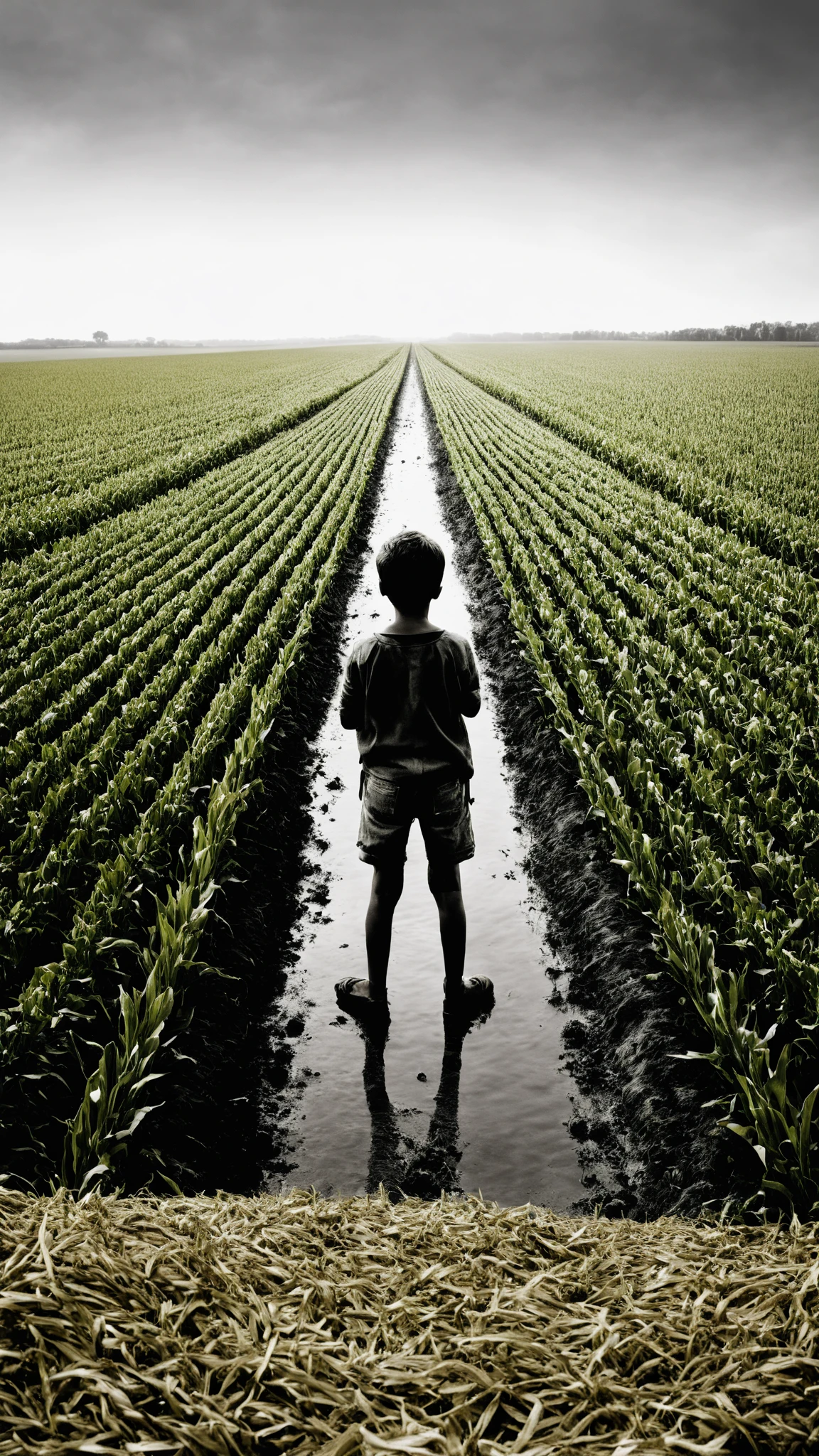 solo, short hair, 1boy, holding, standing, monochrome, greyscale, male focus, shorts, indoors, from behind, horror (theme), A vast agricultural field, converging rows of crops leading to a distant horizon, showcasing the beauty and productivity of rural landscapes:1.4., by  Dante Spinotti<lora:One_Point_perspective:1><lora:One_Point_perspective:1><lora:One_Point_perspective:1><lora:One_Point_perspective:1>