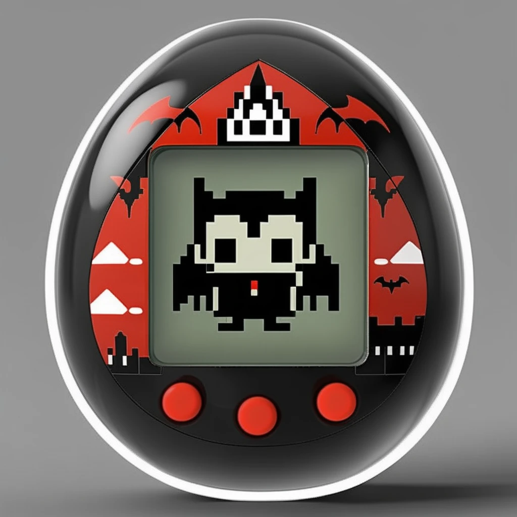 An egg-shaped, virtual pet device is featured with a central screen displaying, a single color 8bit Dracula,The screen is encased within an while ring ., <lora:egg_bit:0.75>