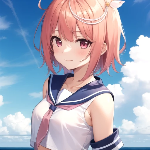 ((masterpiece)),(best quality),official art,extremely detailed CG,unity 8k wallpaper,ultra detailed,A lighthouse on a cliff by the sea,1girl,solo,upper body,(portrait:1.2),school_swimsuit,pink_hair,barefoot,hair_ornament,short_hair,one-piece_swimsuit,ahoge,sailor_collar,swimsuit_under_clothes,blue_one-piece_swimsuit,serafuku,school_uniform,pink_necktie,pink_eyes,blue_sailor_collar,bare_legs,smile,red_eyes,pink_neckerchief,covered_navel,sailor_shirt,short_sleeves,<lora:I·58(kan)>,