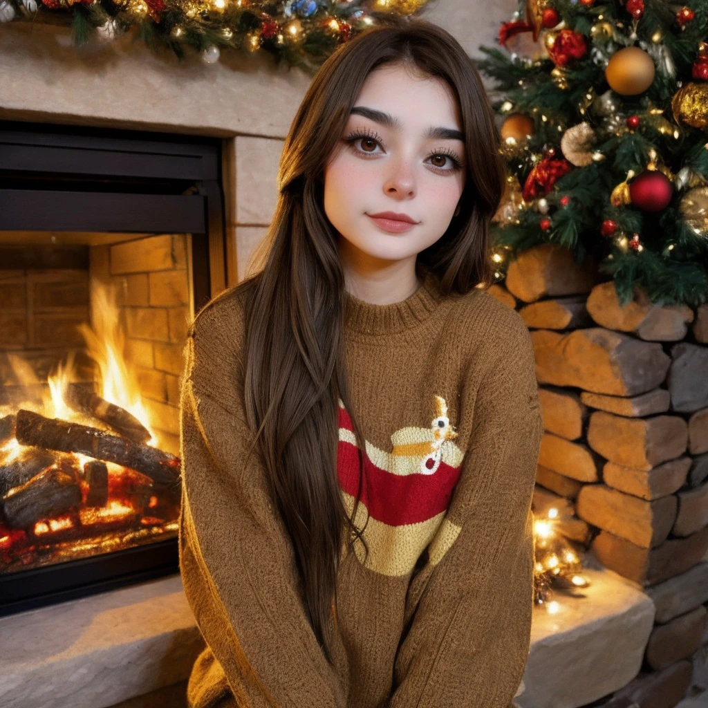 <lora:deputyaruuu_sd15_512_128_64_v1:1>deputyaruuu, 1girl brown weavy hair, wearing a christmas sweater, christmas decoration in background, lit fireplace in background