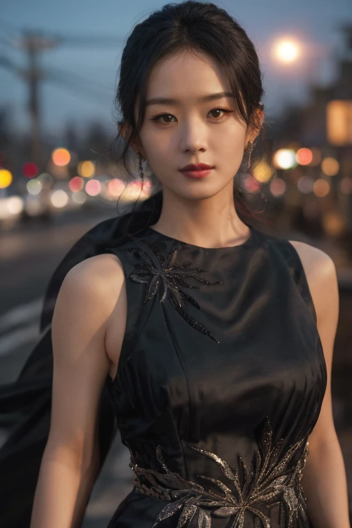 white snow skin, ((upper body:1.2)), nikon RAW photo,8 k, Fujifilm XT3,masterpiece, best quality, realistic, photorealistic, ultra detailed, extremely detailed face, solo,1girl, standing, fashionable and trendy atmosphere, and a stylish expression on her face, close up, black dress, walking, at the dark streets, moonrise, sleeveless, fabric clothes, <lbm=FACES>,