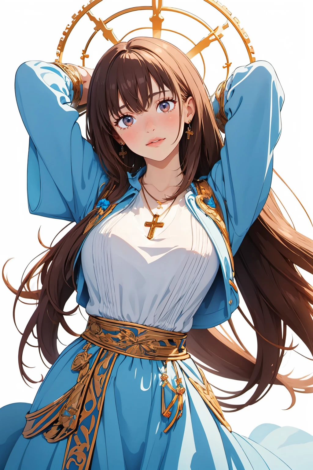 (masterpiece, best quality:1.2),  <lora:neocoill:1>, neocoill, 1girl, solo, jewelry, necklace, long hair, looking at viewer, simple background, white background, arm up, cowboy shot, cross, arm behind head