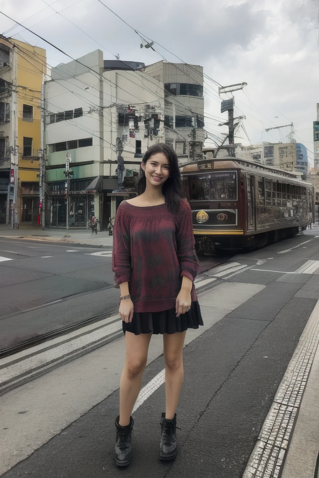 masterpiece,beautiful,extremely detailed,finely detailed,exquisite,(ultra high res),(8k UHD best quality), (realistic, photo-realistic:1.37), depth_of,blurry_background, photo_inset,Dramatic lighting,reference_inset,photo_background,photorealistic,looking_at_viewer,1girl,detailed skin,shiny skin,big park,smile,(((full body))),(((white blouse))),saya<lora:saya ichikawa:1<lora:mobo21:0.8>mobo21, train, scenery, road sign, outdoors, sign, traffic light, road, building, crosswalk, ground vehicle, street, motor vehicle, city, lamppost, tree, power lines, car, real world location, sky, utility pole, cityscape, cloud, day, sidewalk, realistic, photo background, photo (medium), japan, kyoto,(((railroad tracks on the road)))
