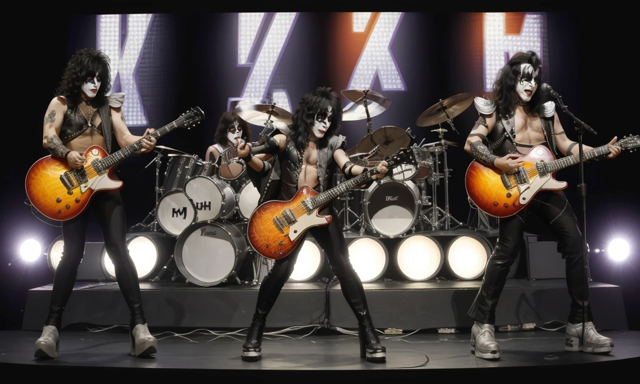 kissb2023, 4 men, 4 people, masterpiece, best quality, 8k, uhd, detailed skin, standing on stage, rock band, smile,