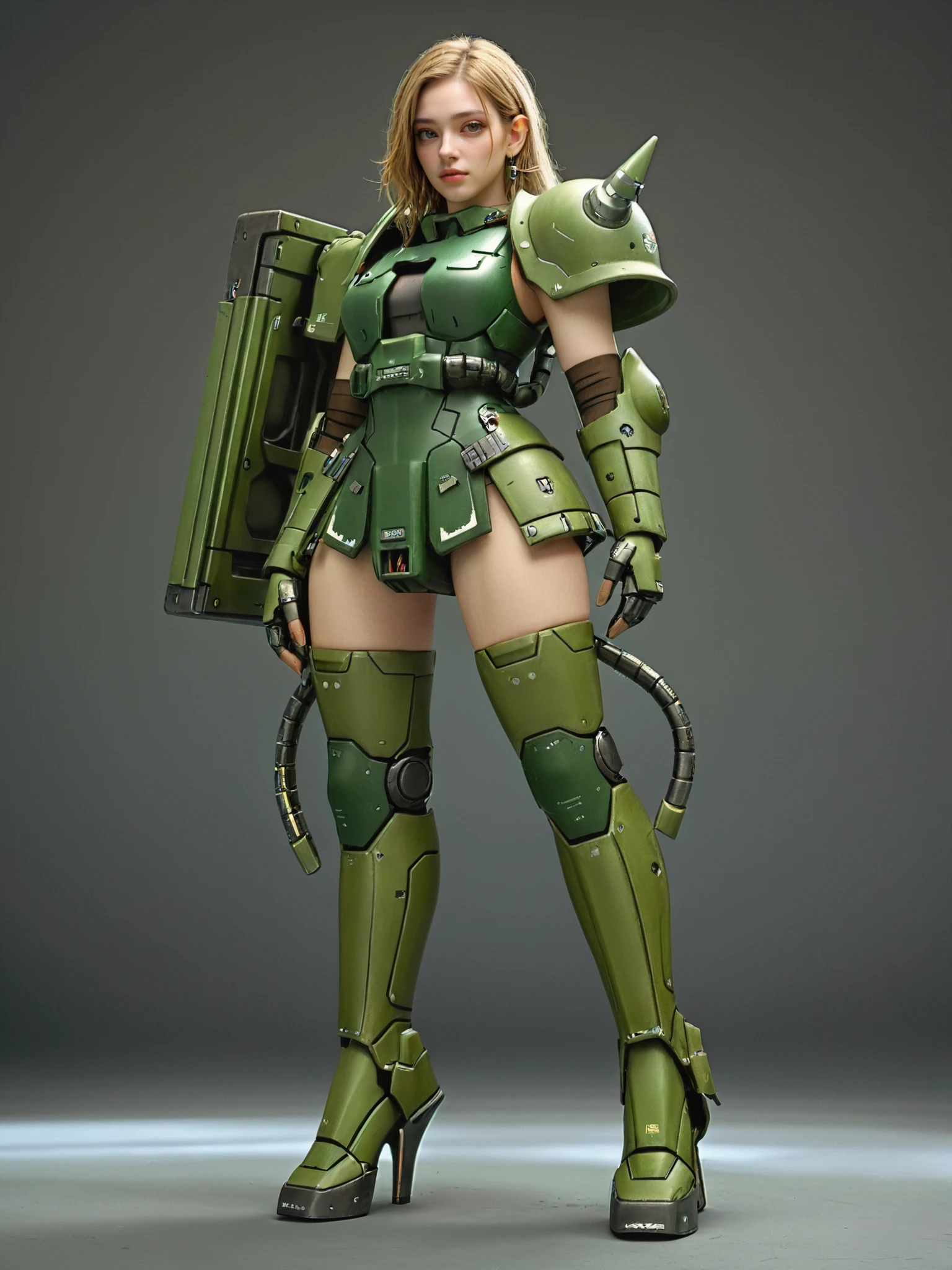 masterpiece, (realistic:3), (photorealistic:3), intricate detail, highly detailed, great textures, 8k, high detail, zaku\(ttp\), <lora:Zaku_SDXL_v1_2_loha-000028:0.6>, zaku, one girl dress in dark green robot armor, high heels, frilled thighhighs, skirt:1.2, mobile suit, full body, walking pose, from front,, (RAW photo, best quality, masterpiece:1.2), ultra high res, (photorealistic:1.4),