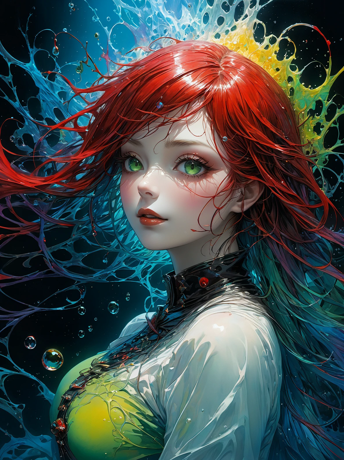 a Girl, laughing, Colorful colors, surrounded by water bubbles, in the style of Kawacy, Masterpiece, Oil painting drawn in anime style, head close - up, exaggerated perspective, Tyndall effect, water drops, mother - of - pearl iridescence, Holographic white, chess queen outfit, anime girl, girl with a pretty face, white gold hair, green eyes, goth girl, ((sexy school uniform)), wearing a stylish very sexy school uniform, with a funny expression on her face, Hellwalker, incombing death, black bloody veins growing and intertwining out of the darkness, oozing thick yellow blood, veins growing and pumping blood, (chubby female body:0.8), vascular networks growing, connecting, explanding, red veins everywhere, zdzislaw beksinski, (sharp colors:1.3), (rainbow skin:1.1), (Infrared:1.2), ultra detailed, intricate, ((dry brush, ultra sharp)), (surrealism:1.4), (disturbing:1.5), beksinski style painting, satanic symbols, (full torso), full body in frame, centered body, kawaii, realistic, ((intricate details)), (pale gothic evil queen), ibrant, action-packed, detailed character design, reminiscent of fighting video games, black bloody veins growing and intertwining out of the darkness, oozing thick neon rainbow blood, veins growing and pumping blood, vascular networks growing, connecting, explanding, red veins everywhere, zdzislaw beksinski, (vibrant colors:1.1), dynamic pose, perfect face, (realistic eyes), perfect eyes, ((dark gothic background)), sharp focus