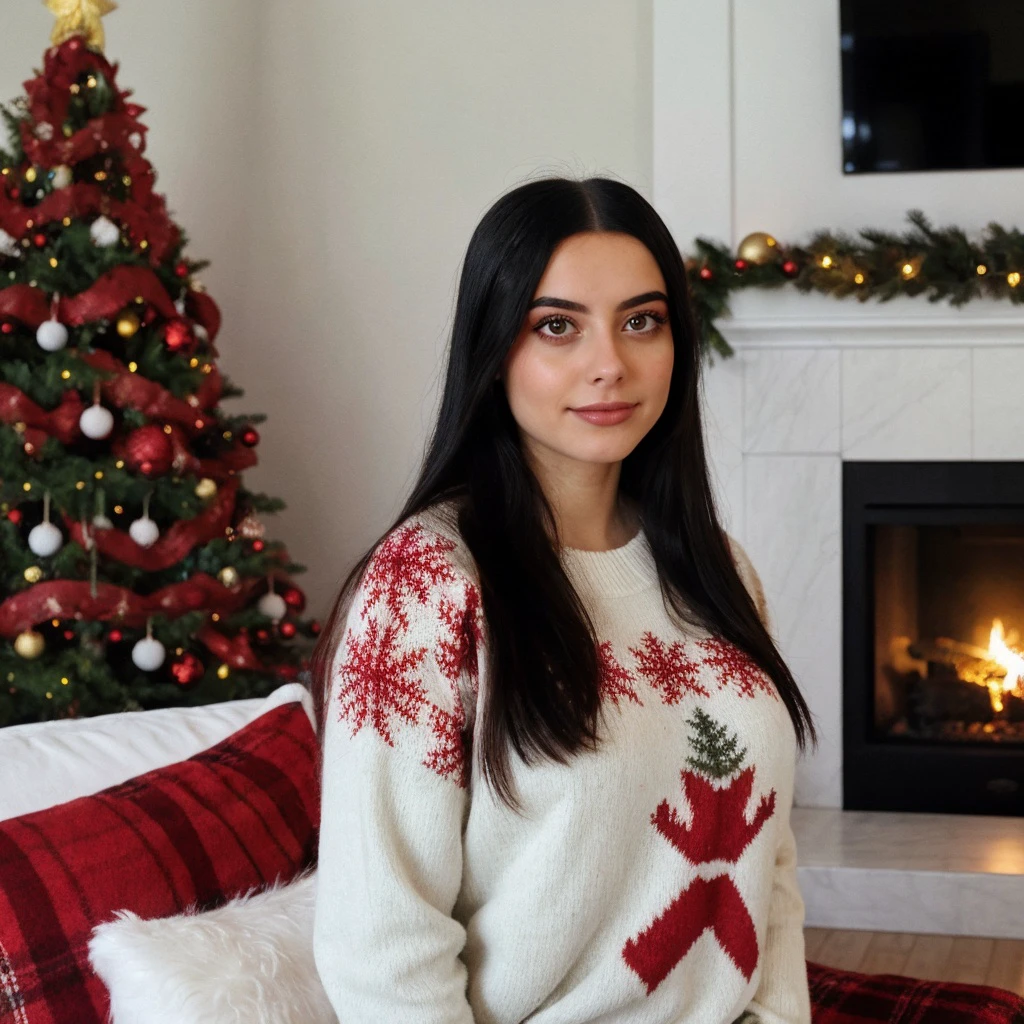 <lora:juliaaburch_sd15_512_128_64_v1:1> juliaaburch, 1girl, black long hair, wearing a christmas sweater, christmas decoration in background, lit fireplace in background