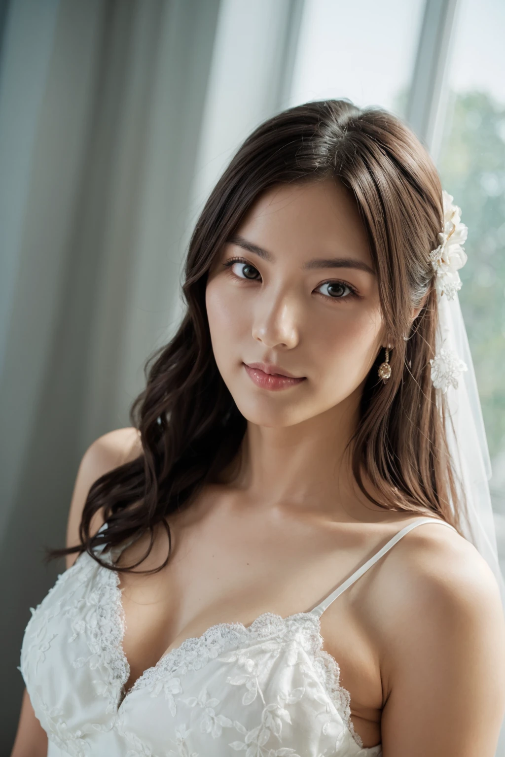 Photograph of a woman herself, one young girl, double eyelids, (big: 1.2), sexy bride, (pure white wedding dress, wedding veil)), (deep slit: 1.2), (smile: 1.1), off-shoulder, (in church)), cleavage cutout, (overhead shot), (sideboob), (portrait), ( french braid)、(close to viewer)、(strong light)