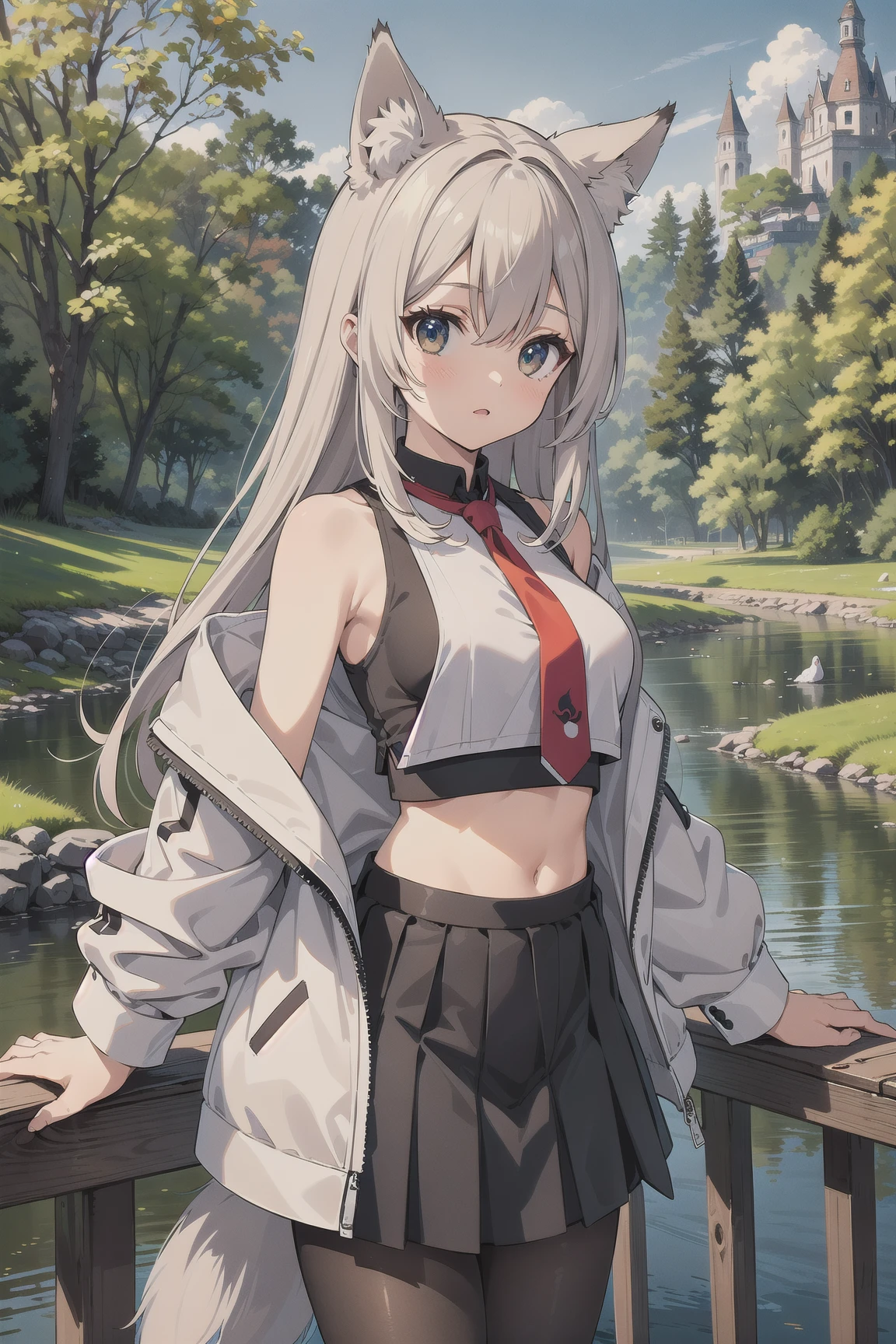 1girl, fox girl, long hair, black crop top arm sleeveless, white jacket, midriff, skirt, pantyhose, (masterpiece, best quality:1.2), HDR, highres, park scenery