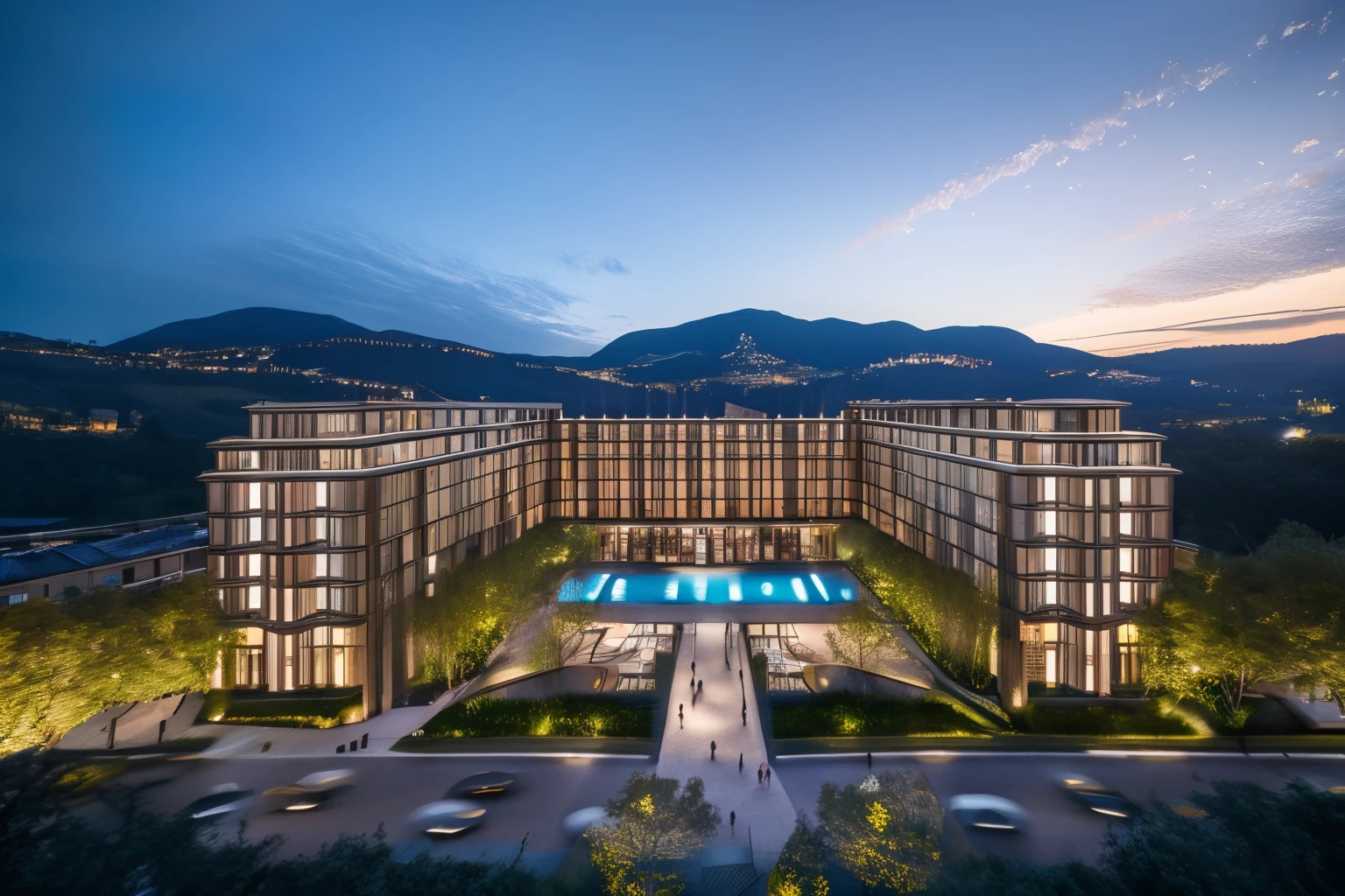<lora:JJsHotel_Building:1>, masterpiece , best quality, ((Hotel Building)), 
outdoors, sky, day, cloud, tree, blue sky,  ground vehicle, building, scenery, road, lamppost, real world location, swimming pool, bench, lounge chair, balcony, door,
, lots of trees, sunlight, public blocks,daytime, mountains, public squares,  various building facades, lively city streets,  enough detail, high resolution, 8k, HD, super realistic, Photorealistic, highly detailed, plaza,  <lora:add_detail:0.8>