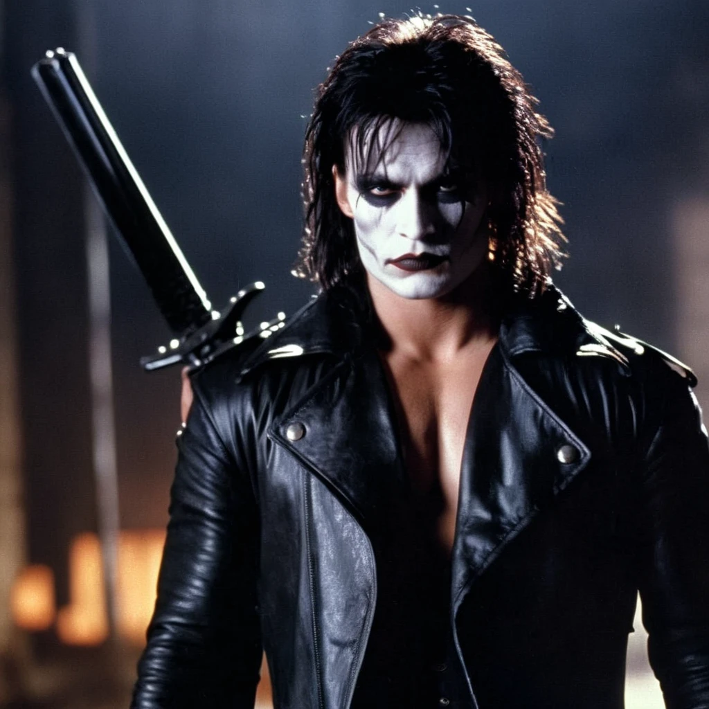 cinematic film still of <lora:Eric Draven The Crow:1.2>
Eric Draven The Crow a realistic photo of a man with a sword and a gun, shallow depth of field, vignette, highly detailed, high budget, bokeh, cinemascope, moody, epic, gorgeous, film grain, grainy