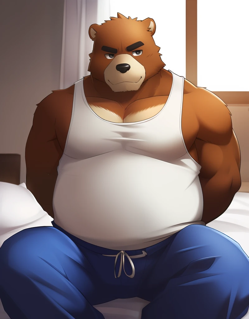 (((detailed eyes, detailed face))), (bara, juuichi <lora:character_juuichi_findigo_v1:0.9>, bear, short hair, black eyes), male, (solo), (plump, fat, chubby, overweight), (white tank top, blue pants), sitting, (arms behind back), smile BREAK (konzaburou, ukan_muri, cute), bedroom, (soft shading), 8k, UHD, masterpiece, (full body)
