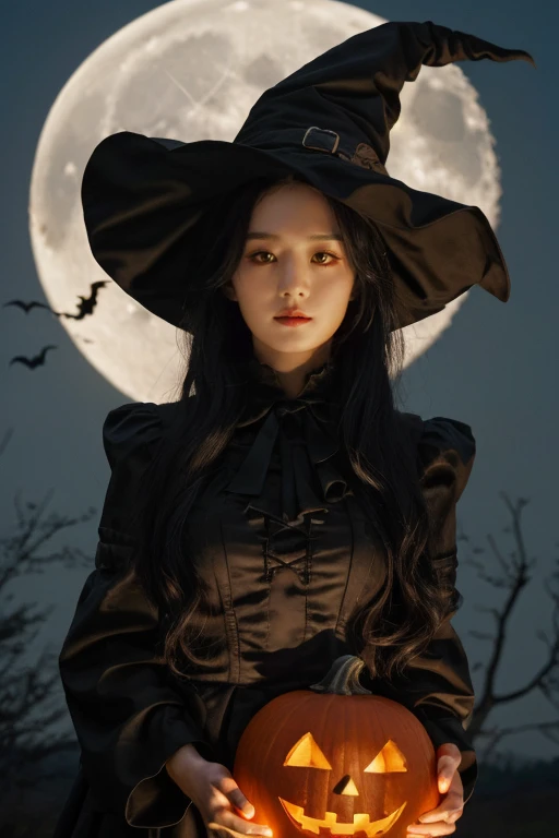 1girl, solo, wearing a witch outfit with white long hair, hallowen theme background with gloomy pumpkin glowing in the dark and full moon, mature body, upper body, wearing witch hat,