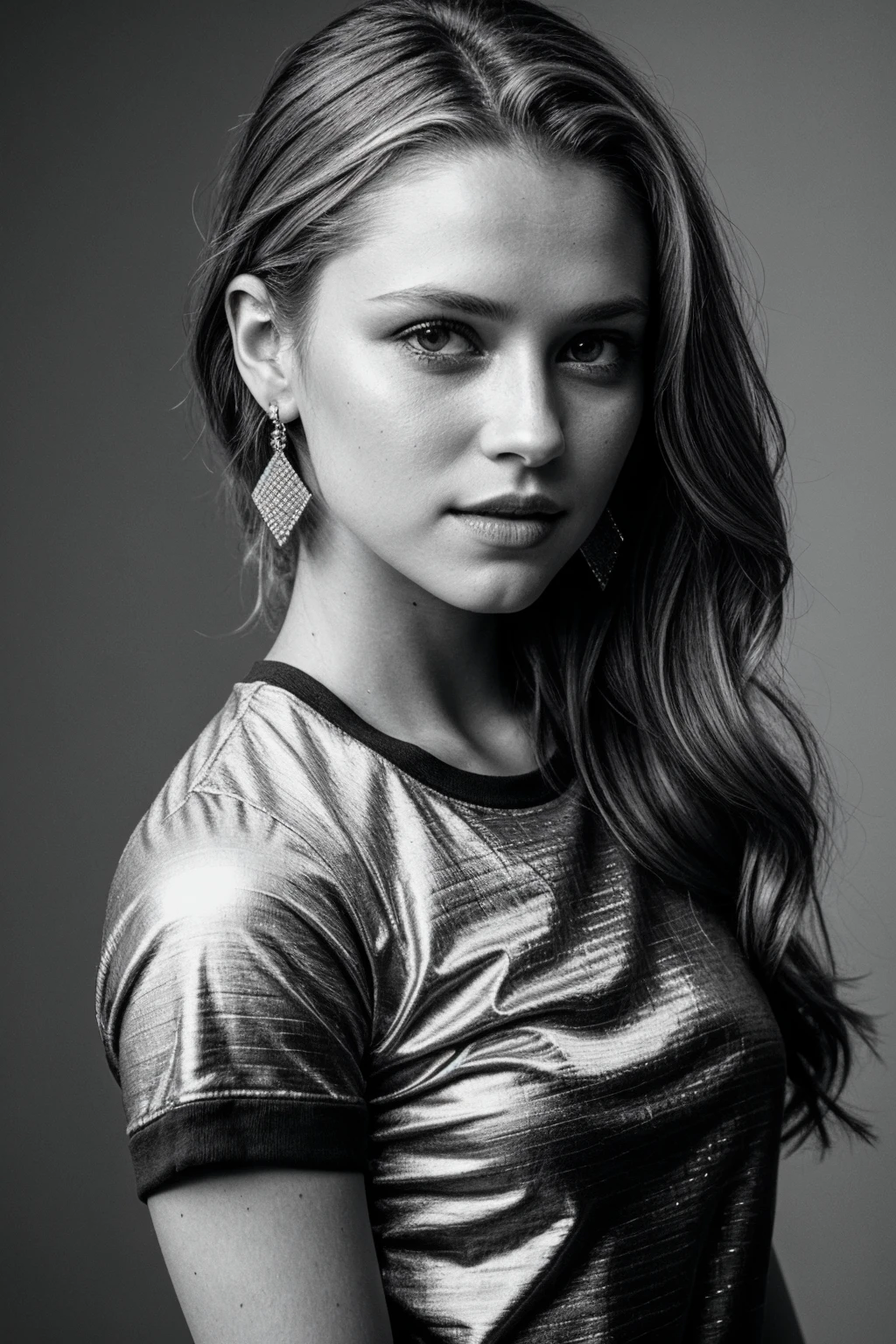 photo of (tp4lm3r:0.99), a beautiful woman, upper body, perfect hair, (modern photo, Gainsboro Gray graphic tee), 24mm, (analog, cinematic, film grain:1.3), (plain Metallic Gray background, gradient:1.2), detailed eyes, (seductive pose), (epicPhoto), (looking at viewer), earrings