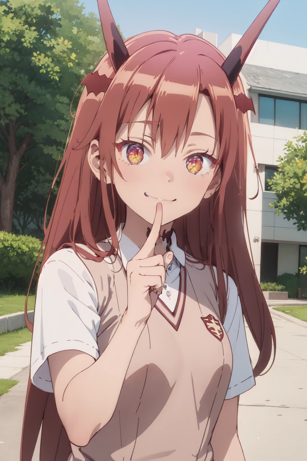 (masterpiece:1.3), (absurdres:1.3), (best quality:1.3), (ultra-detailed:1.3), upper body, looking at viewer, smile, outdoors, index finger raised, tania-fi, dragon horns, red hair, dragon tail, <lora:tania-fi-09:1>, tokiwadai school uniform, <lora:tokiwadai_school_uniform:1>,