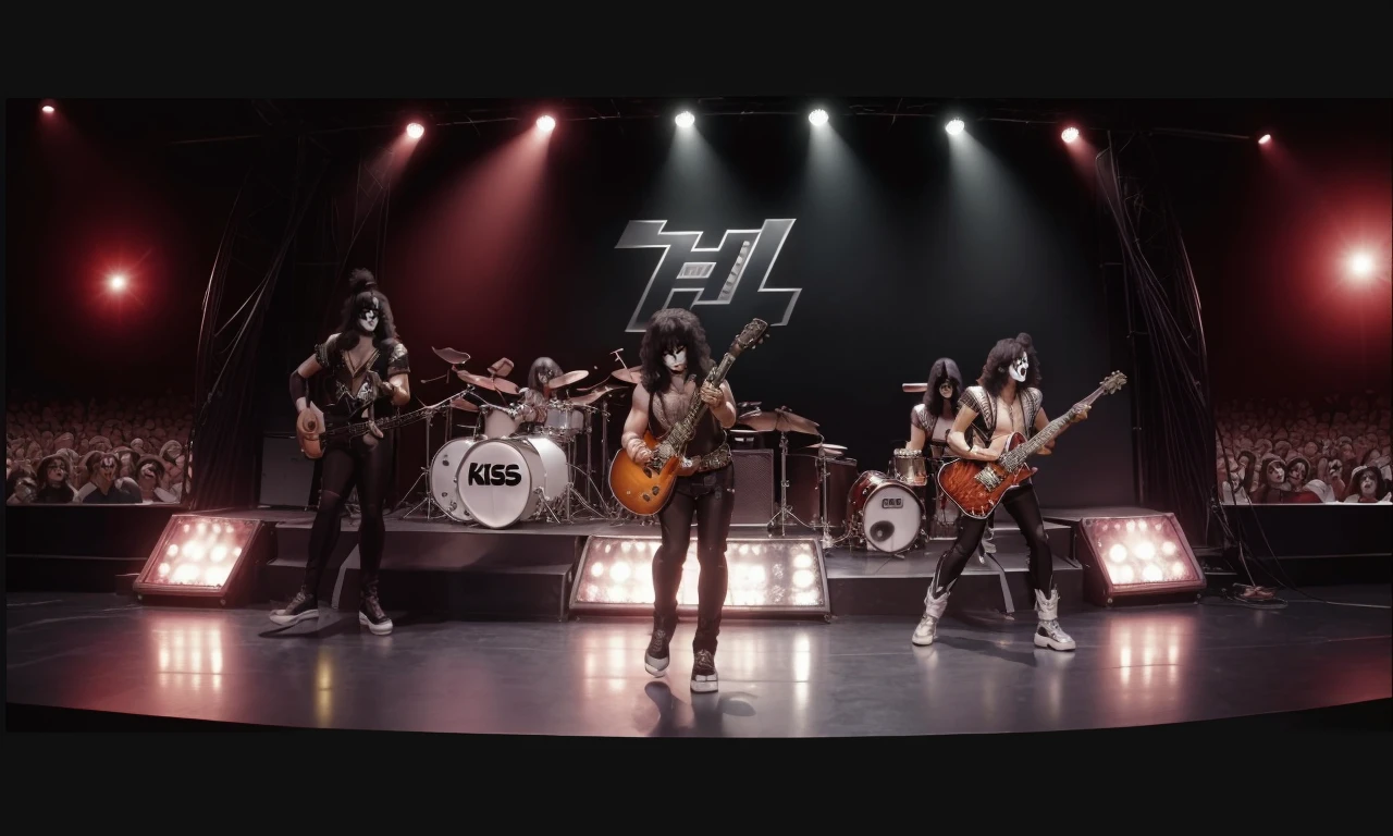 kissb2023, 4 men, 4 people, masterpiece, best quality, 8k, uhd, detailed skin, standing on stage, rock band, smile,